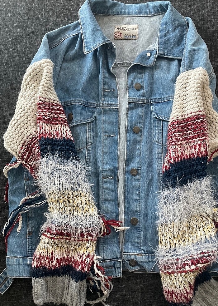 Örgü kollu kot ceket - Görsel 4