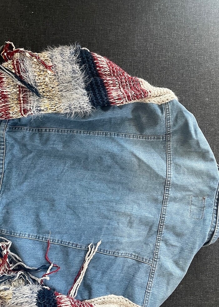 Örgü kollu kot ceket - Görsel 5