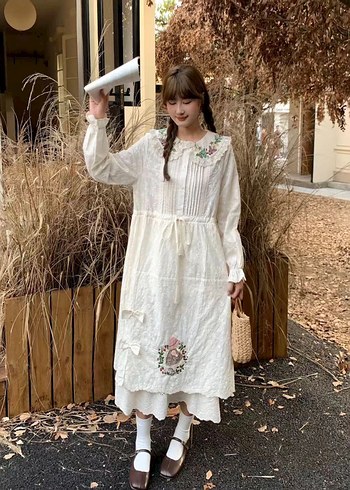 Nakışlı Beyaz Bohem Uzun Elbise - Görsel 2