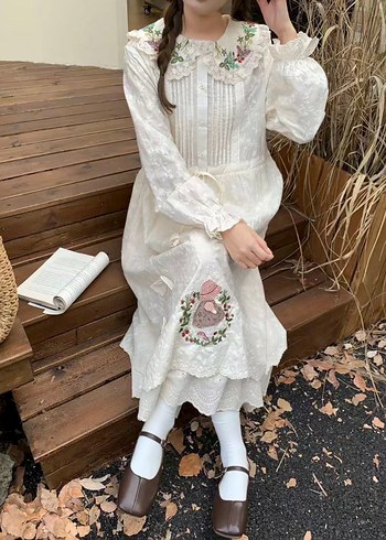 Nakışlı Beyaz Bohem Uzun Elbise - Görsel 3