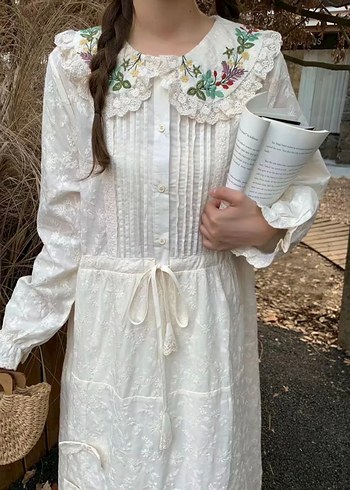 Nakışlı Beyaz Bohem Uzun Elbise - Görsel 4