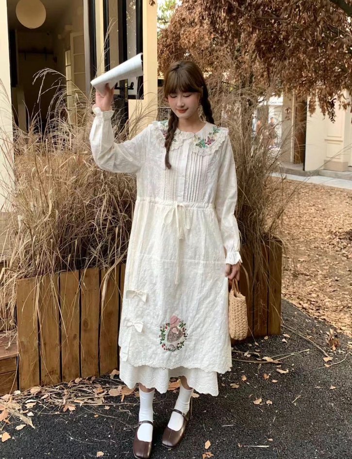 Nakışlı Beyaz Bohem Uzun Elbise - Görsel 2