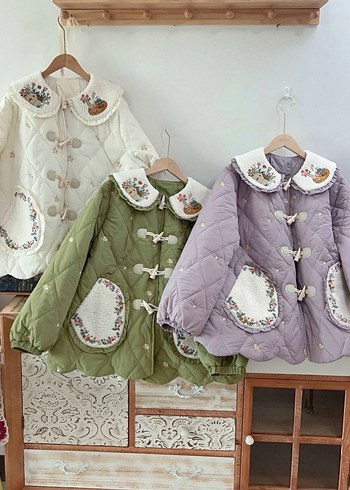 Nakışlı Düğmeli Bohem Mor Kışlık Mont - Görsel 2