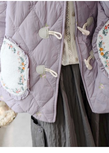 Nakışlı Düğmeli Bohem Mor Kışlık Mont - Görsel 6