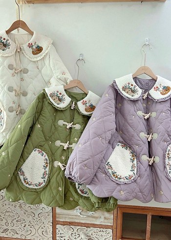 Nakışlı Düğmeli Bohem Mor Kışlık Mont - Görsel 3