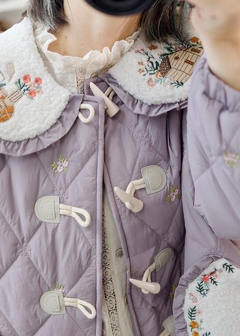 Nakışlı Düğmeli Bohem Mor Kışlık Mont - Görsel 5
