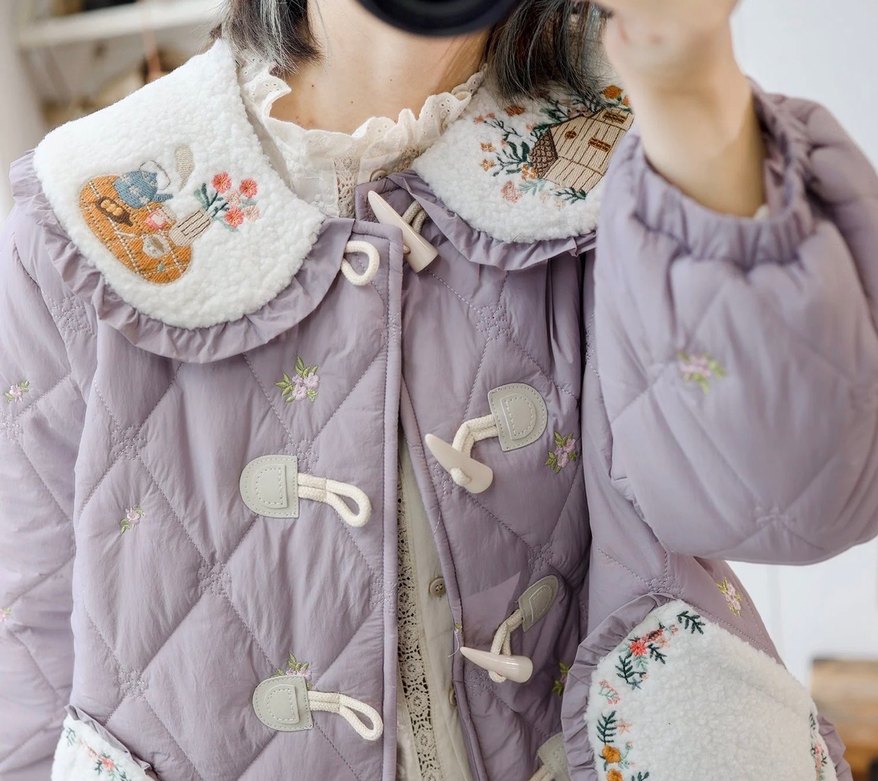 Nakışlı Düğmeli Bohem Mor Kışlık Mont - Görsel 5