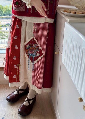 Bordo Nakışlı Bohem Midi Etek - Görsel 2