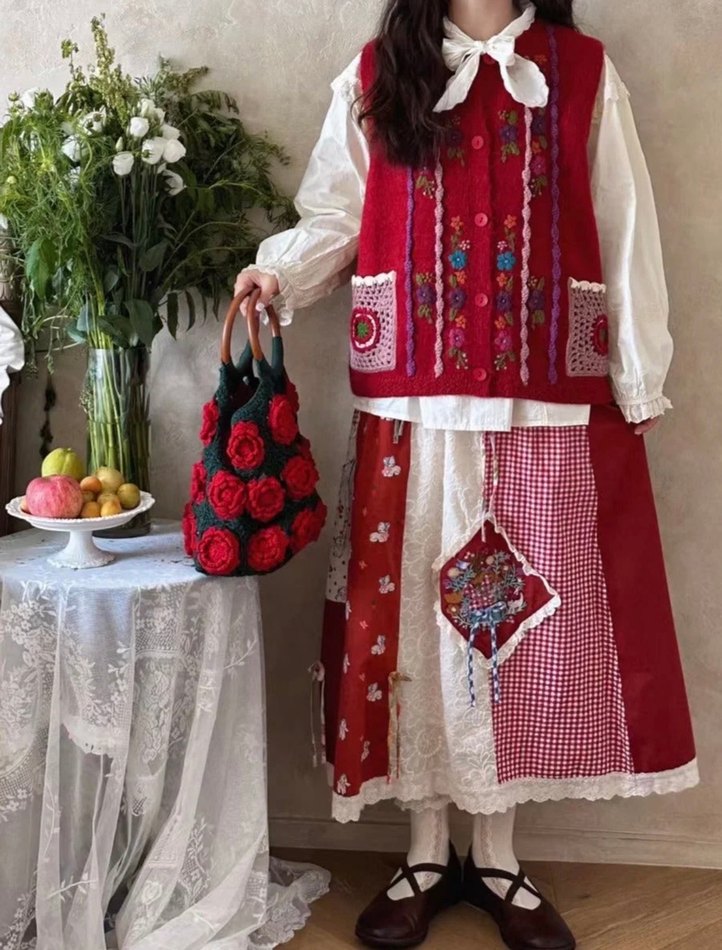 Bordo Nakışlı Bohem Midi Etek - Görsel 3