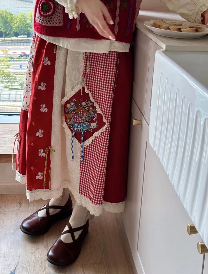 Bordo Nakışlı Bohem Midi Etek - Görsel 2