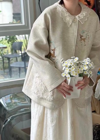 Nakışlı ve Kürklü Bohem Midi Kadın ceket - Görsel 3