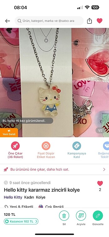 Beden Hello kitty charm çelik zincirli kolye