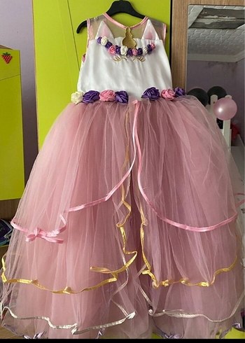 unicorn kostüm Diger Pembe Çiçekli Kız Çocuk Elbisesi