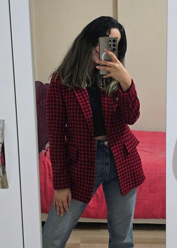 Koton Kırmızı Ekose Düğmeli Kadın Blazer
