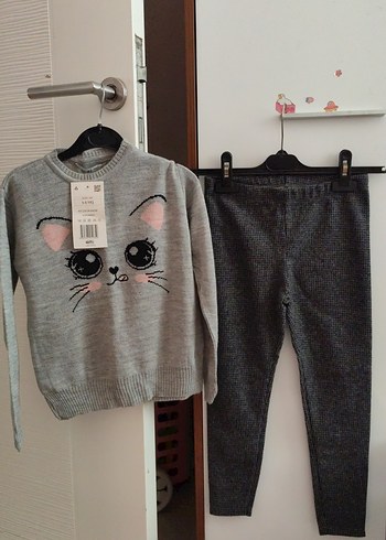 Gri Örme Kedi Desenli Çocuk Takımı