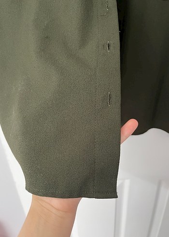 Kadın Haki Keten Düğmeli Gömlek - Görsel 4