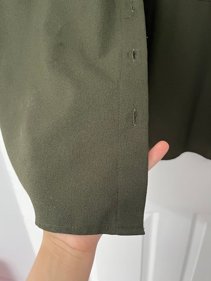 Kadın Haki Keten Düğmeli Gömlek - Görsel 4