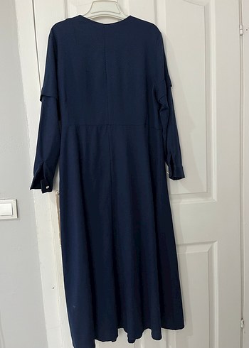 Lacivert Keten Fermuarlı Uzun Elbise - Görsel 2