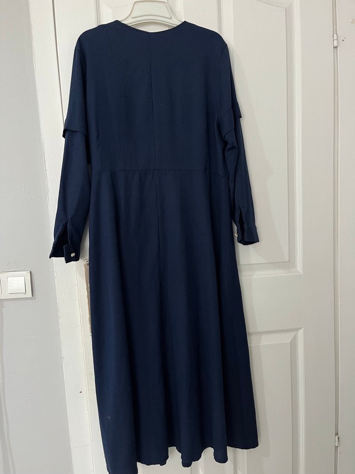 Lacivert Keten Fermuarlı Uzun Elbise - Görsel 2