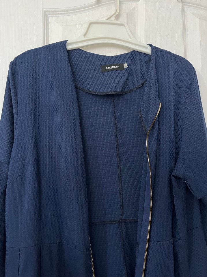 Lacivert Keten Fermuarlı Uzun Elbise - Görsel 3