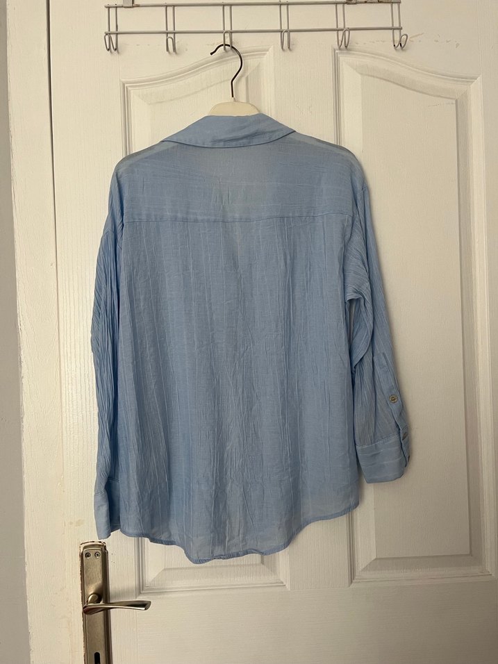 Mavi Keten Düğmeli Bohem Gömlek - Görsel 2