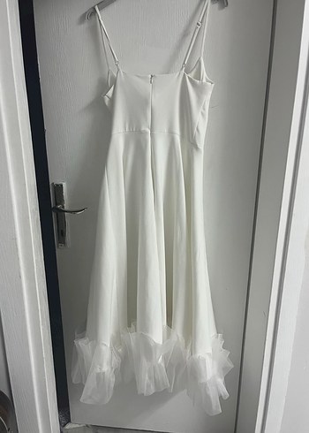 Beyaz Askılı Midi Elbise Tül Detaylı - Görsel 5