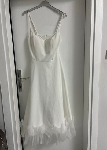 Beyaz Askılı Midi Elbise Tül Detaylı - Görsel 4