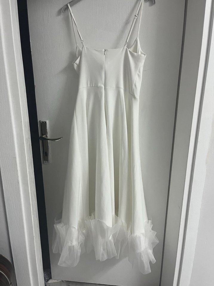 Beyaz Askılı Midi Elbise Tül Detaylı - Görsel 5