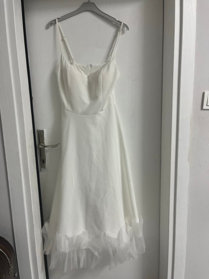 Beyaz Askılı Midi Elbise Tül Detaylı - Görsel 4