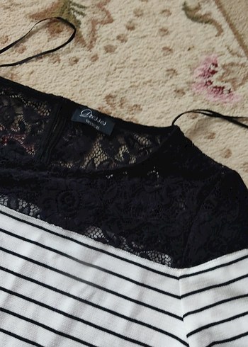 Dantel Detaylı Beyaz Çizgili elbise - Görsel 5