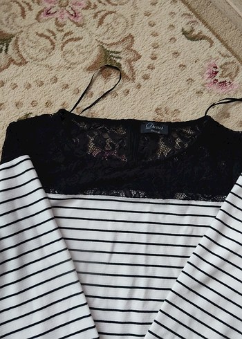 Dantel Detaylı Beyaz Çizgili elbise - Görsel 4