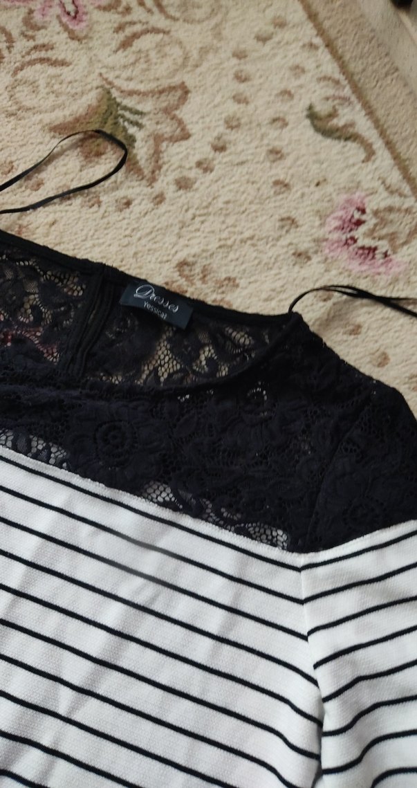 Dantel Detaylı Beyaz Çizgili elbise - Görsel 5