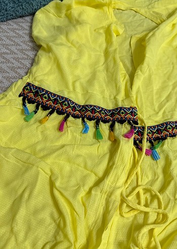Sarı Bohem Nakışlı Uzun Kadın yelek - Görsel 2