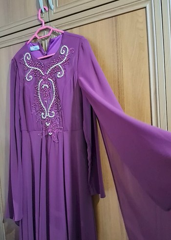 İşlemeli Uzun Mor Kadın Abiye Elbise - Görsel 3