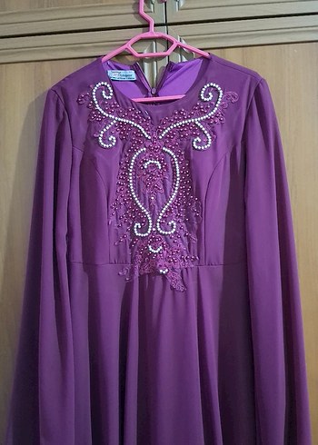 İşlemeli Uzun Mor Kadın Abiye Elbise - Görsel 2