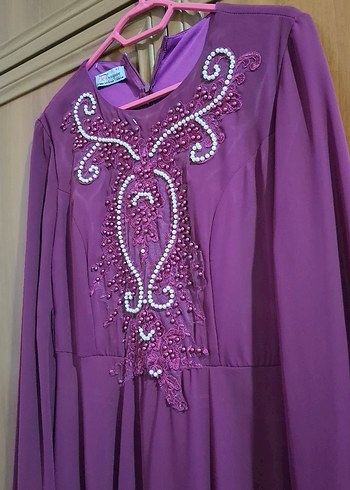 İşlemeli Uzun Mor Kadın Abiye Elbise - Görsel 4
