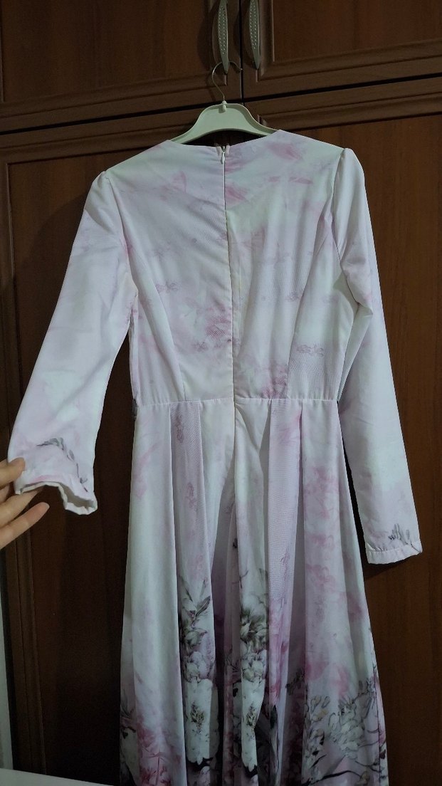 Pembe Uzun Kol Bağlama Desenli Elbise - Görsel 4