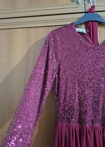 Bordo Uzun Kollu Drapeli Kadın Abiye Elbise - Görsel 3