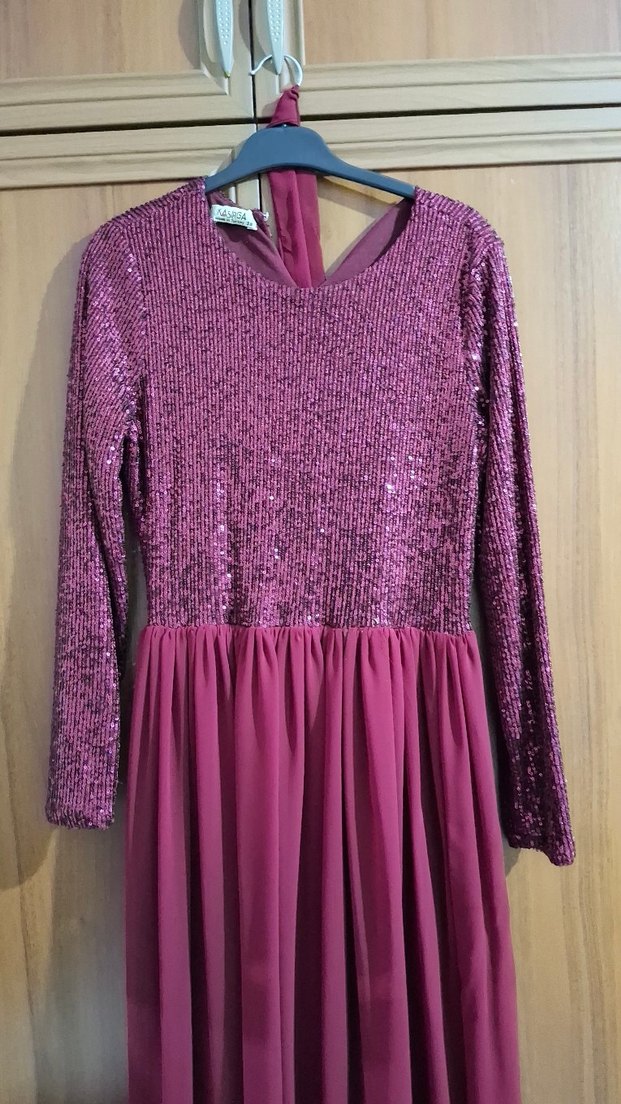 Bordo Uzun Kollu Drapeli Kadın Abiye Elbise - Görsel 2