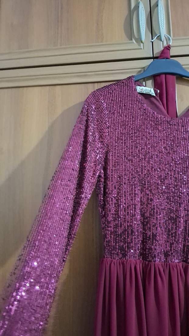 Bordo Uzun Kollu Drapeli Kadın Abiye Elbise - Görsel 3