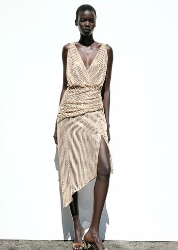 Zara Gold Drapeli Uzun Elbise