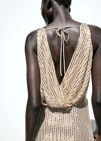 l Beden Zara Gold Drapeli Uzun Elbise