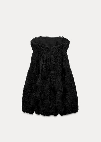 Siyah Straplez Kabartma Çiçekli Elbise - Görsel 2