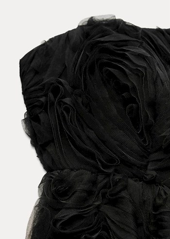 Siyah Straplez Kabartma Çiçekli Elbise - Görsel 3