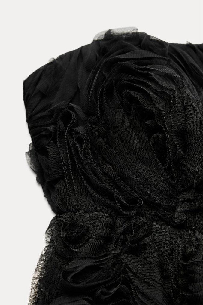 Siyah Straplez Kabartma Çiçekli Elbise - Görsel 3