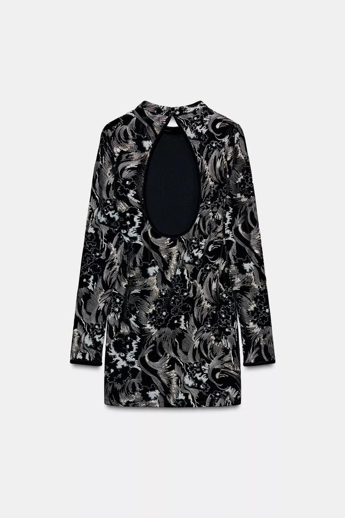 Uzun Kollu Yüksek Yakalı Payetli Desenli Elbise - Görsel 2