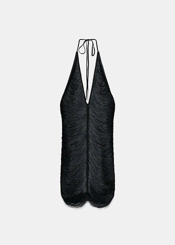 Siyah Püsküllü Mini Elbise - Görsel 3