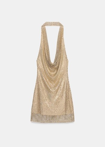 Drapeli Gold Rengi Taşlı Mini Elbise - Görsel 6