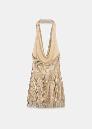 Drapeli Gold Rengi Taşlı Mini Elbise - Görsel 7