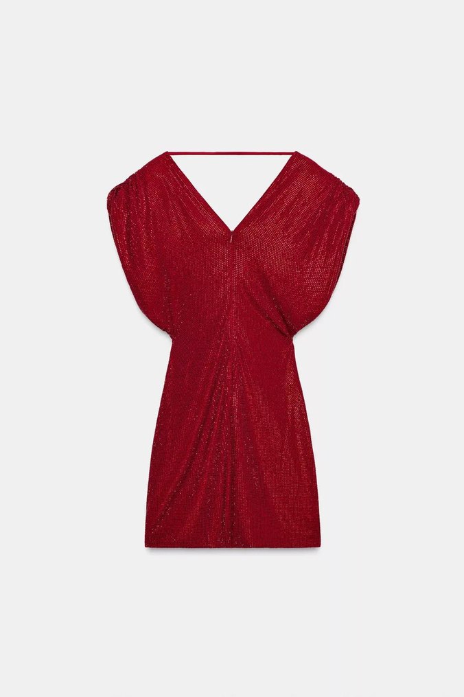 Kırmızı Parlak Mini Taşlı Elbise - Görsel 5